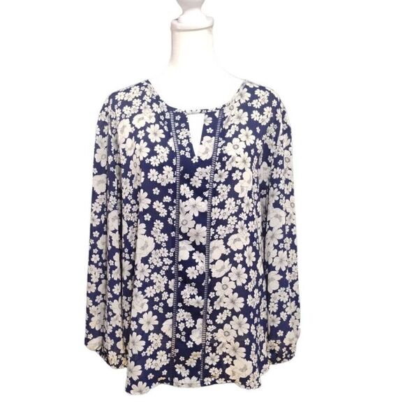 Navy Blue White Floral Keyhole Blouse Top Plus Sz 2X Collective Concepts - Picture 1 of 7